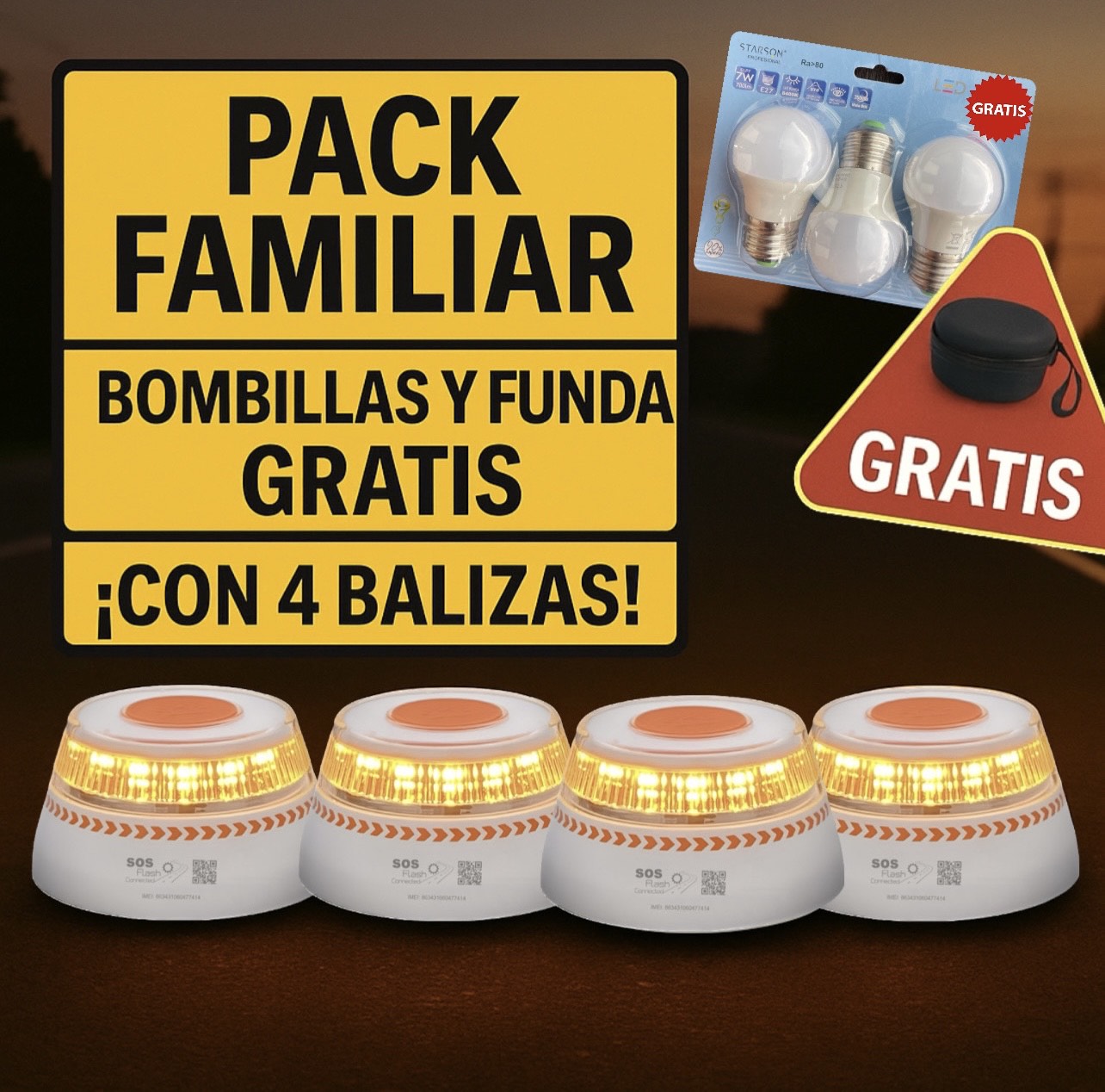 Pack Familiar: 4 Balizas V16 SOS Flash + 3 Bombillas LED 7W GRATIS y Funda Baliza V16 GRATIS
