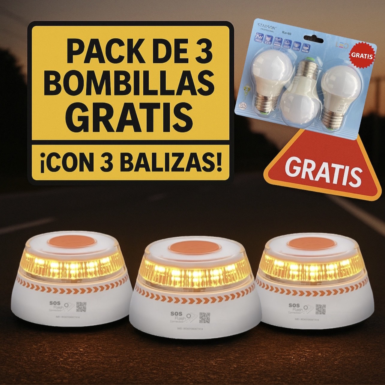 Pack Trío: 3 Balizas V16 SOS Flash + 3 Bombillas LED 7W GRATIS