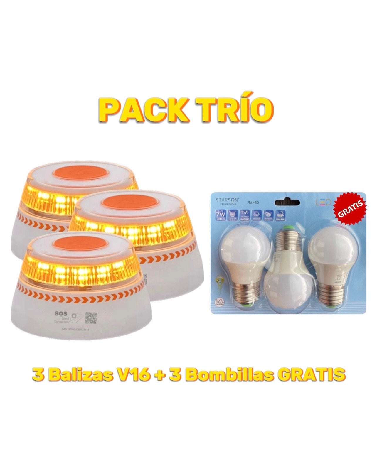 Pack Trío: 3 Balizas V16 SOS Flash + 3 Bombillas LED 7W GRATIS