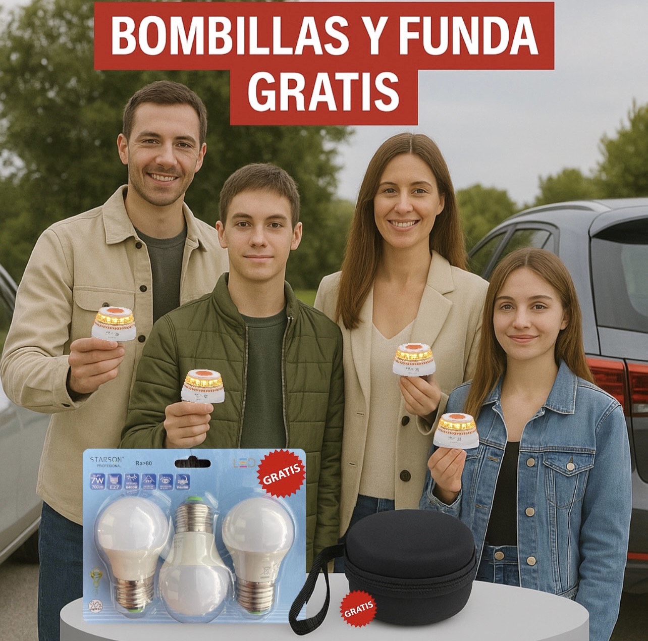 Pack Familiar: 4 Balizas V16 SOS Flash + 3 Bombillas LED 7W GRATIS y Funda Baliza V16 GRATIS