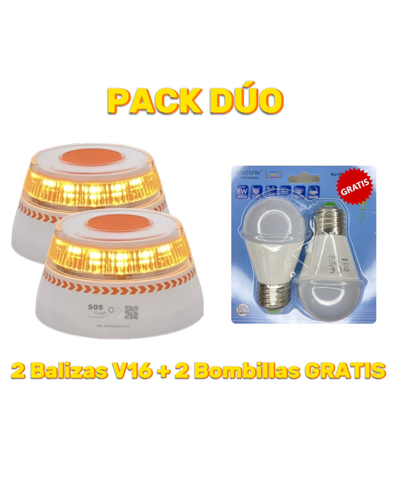 Pack Dúo: 2 Balizas V16 SOS Flash + 3 Bombillas LED 8W GRATIS
