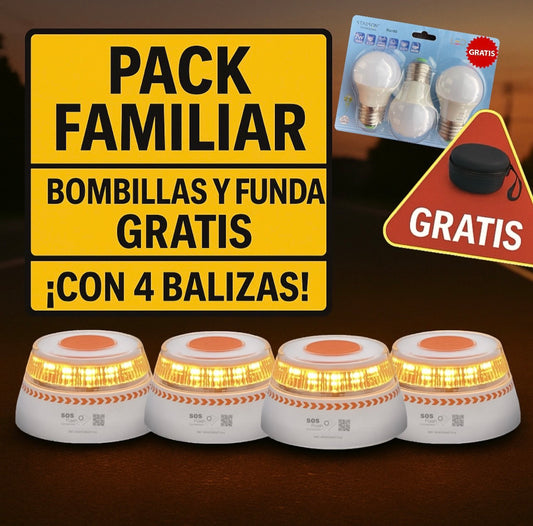 Pack Familiar: 4 Balizas V16 SOS Flash + 3 Bombillas LED 7W GRATIS y Funda Baliza V16 GRATIS