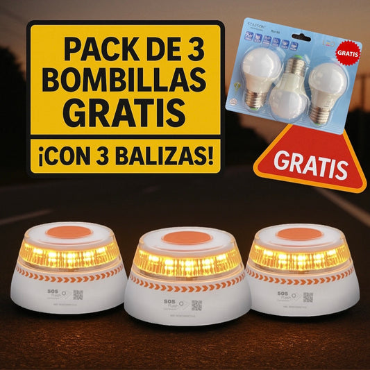 Pack Trío: 3 Balizas V16 SOS Flash + 3 Bombillas LED 7W GRATIS