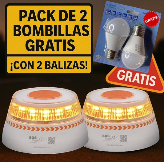 Pack Dúo: 2 Balizas V16 SOS Flash + 3 Bombillas LED 8W GRATIS