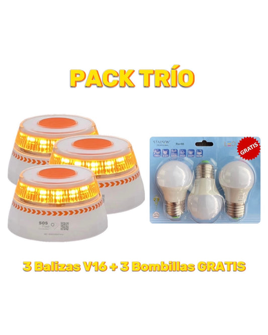 Pack Trío: 3 Balizas V16 SOS Flash + 3 Bombillas LED 7W GRATIS