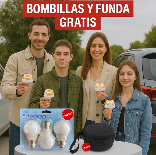 Pack Familiar: 4 Balizas V16 SOS Flash + 3 Bombillas LED 7W GRATIS y Funda Baliza V16 GRATIS